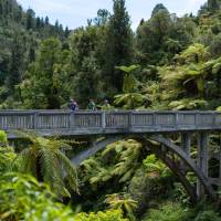 Cyclists riding across the Bridge to Nowhere, Whanganui | Tourism New Zealand